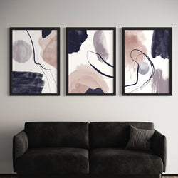 Abstract Art set of 3 prints - Purple, Navy & White