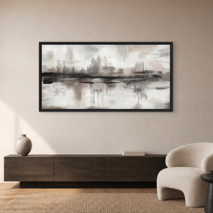 Salzburg monochrome panoramic framed canvas above a dark wood sideboard