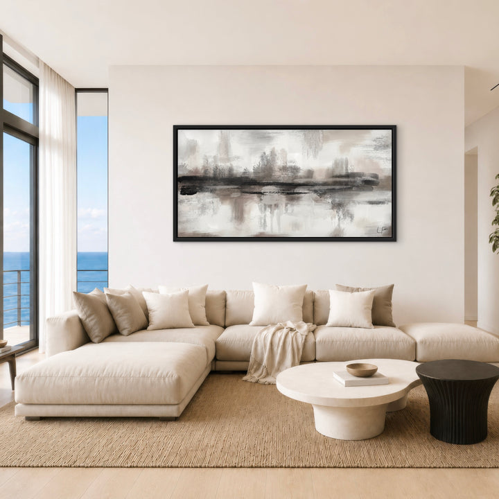 Salzburg panoramic abstract framed canvas above a cream sectional sofa