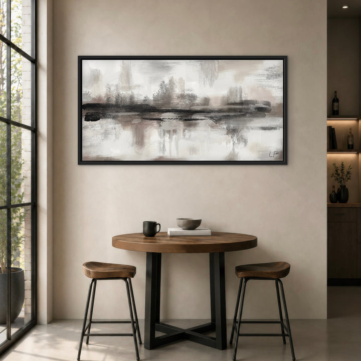 Salzburg grey panoramic abstract framed canvas above a round dining table