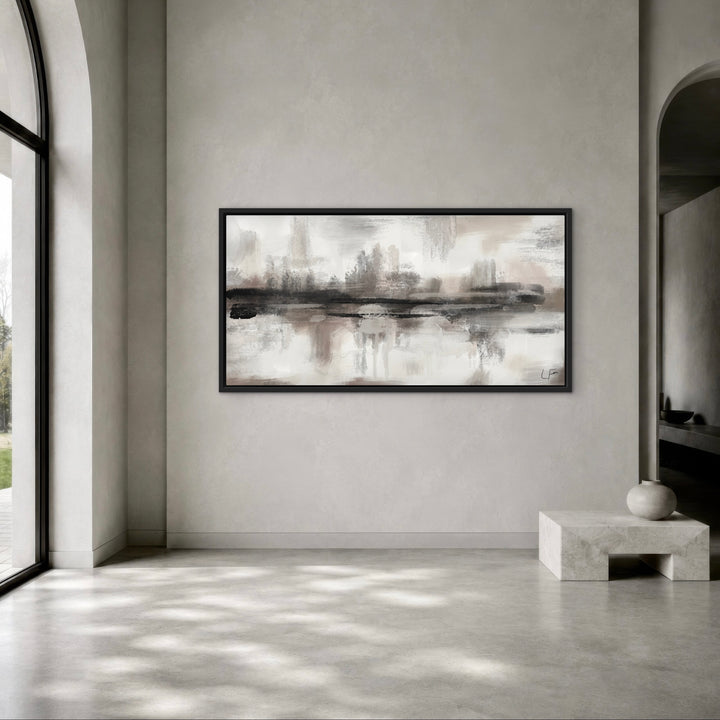 Salzburg black and grey abstract framed canvas in a minimalist hallway