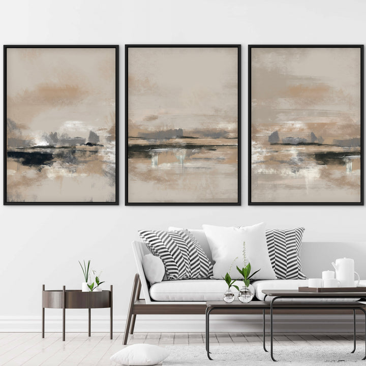 Rome set of three beige and charcoal abstract framed canvases above a white sofa
