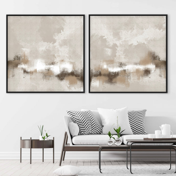Sorrento neutral framed canvas pair above a modern white sofa