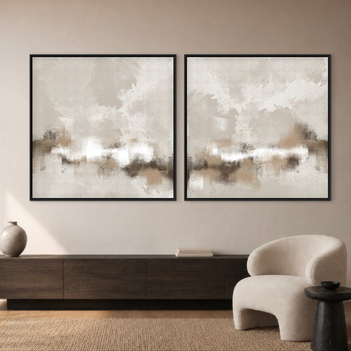 Sorrento set of two abstract framed canvases above a dark wood sideboard
