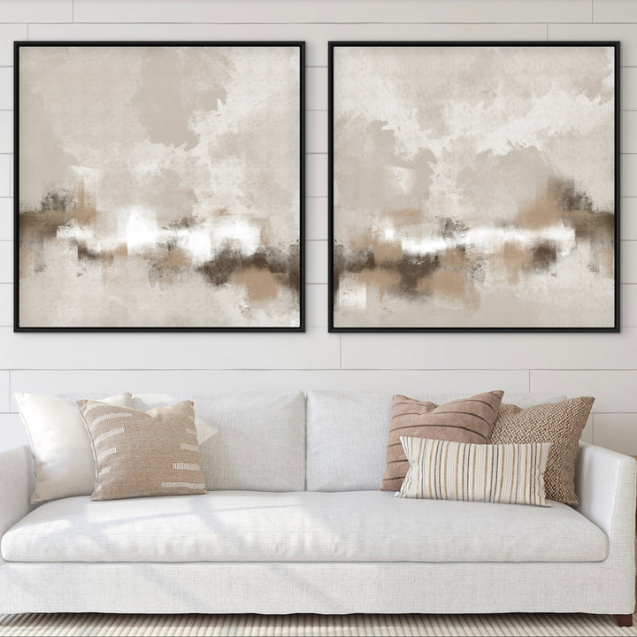 Sorrento set of two beige abstract framed canvases above a cream sofa on a tiled wall