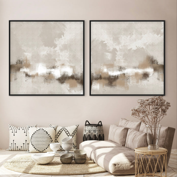 Sorrento beige and taupe framed canvas pair above relaxed floor seating