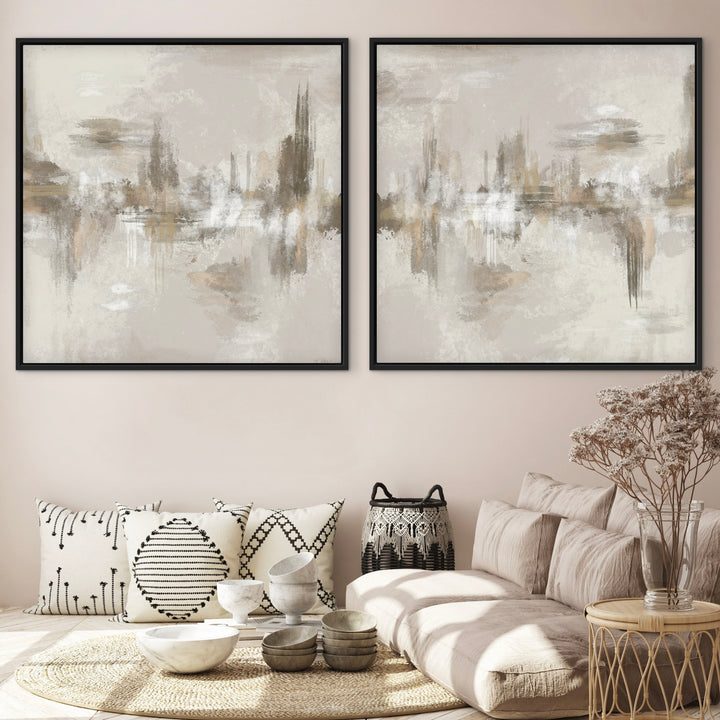 Neutral Depths set of two abstract framed canvases above relaxed floor seating