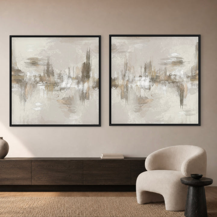 Neutral Depths set of two beige abstract framed canvases above a dark wood sideboard