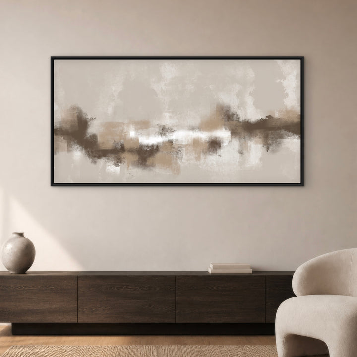 Sorrento neutral panoramic abstract framed canvas above a dark wood sideboard