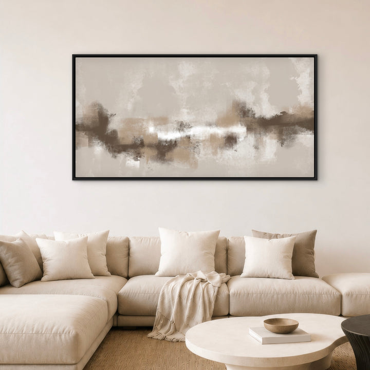 Sorrento beige abstract framed canvas above a cream sectional sofa