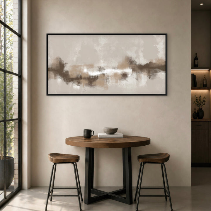 Sorrento neutral panoramic framed canvas above a round wooden dining table