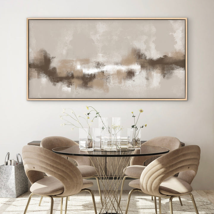 Sorrento neutral panoramic framed canvas above a glass dining table
