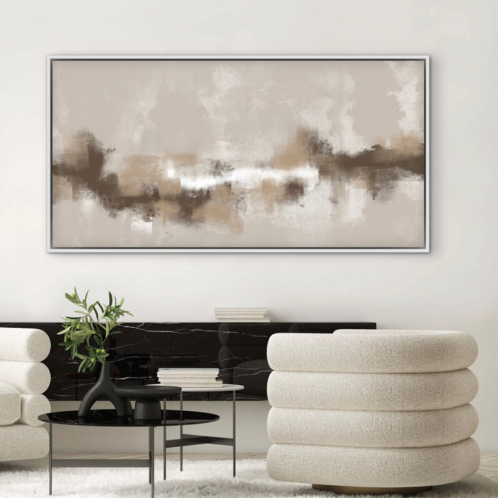 Sorrento beige and brown framed canvas above sculptural cream armchairs