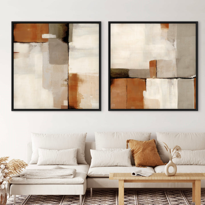 Sahara set of two terracotta and beige abstract framed canvases above a white sofa