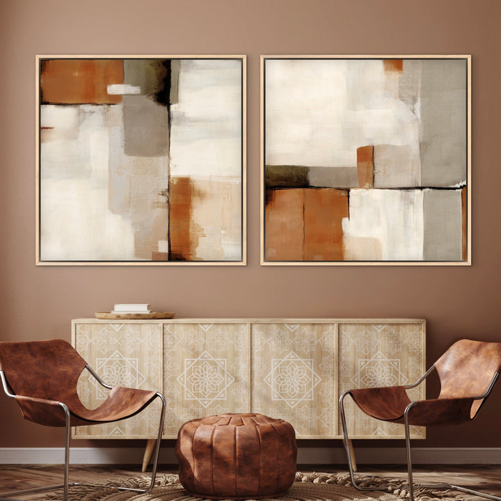 Sahara abstract canvas pair in natural frames above a patterned sideboard