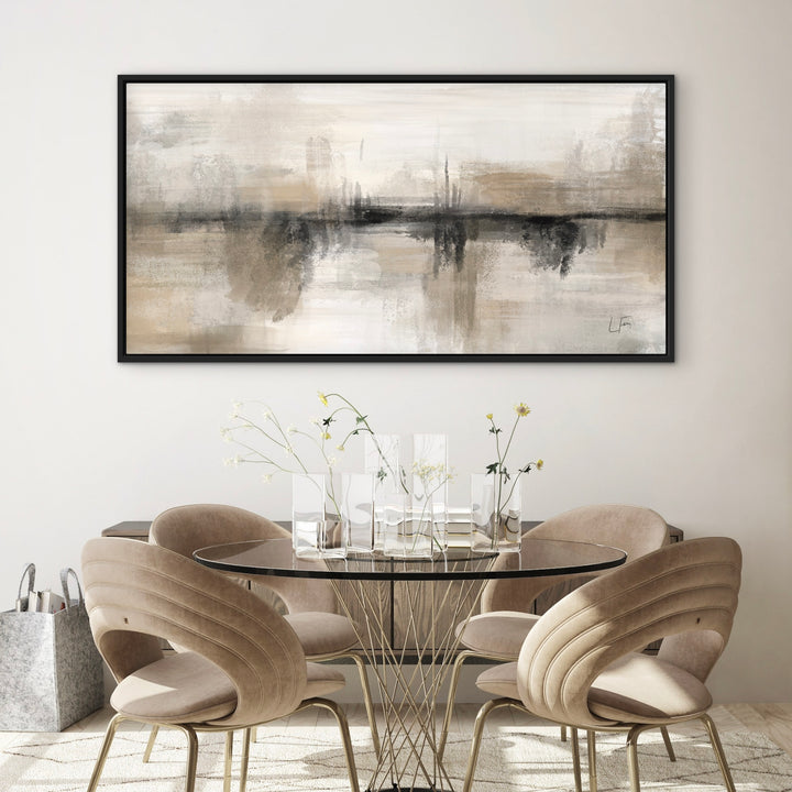 Nude Heaven beige and charcoal abstract framed canvas above a glass dining table