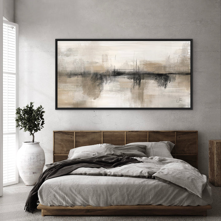 Nude Heaven panoramic framed canvas above a bed in a concrete bedroom