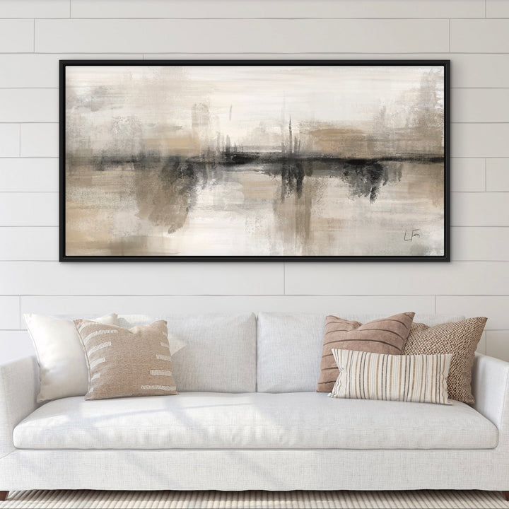 Nude Heaven neutral abstract framed canvas above a white sofa on a tiled wall