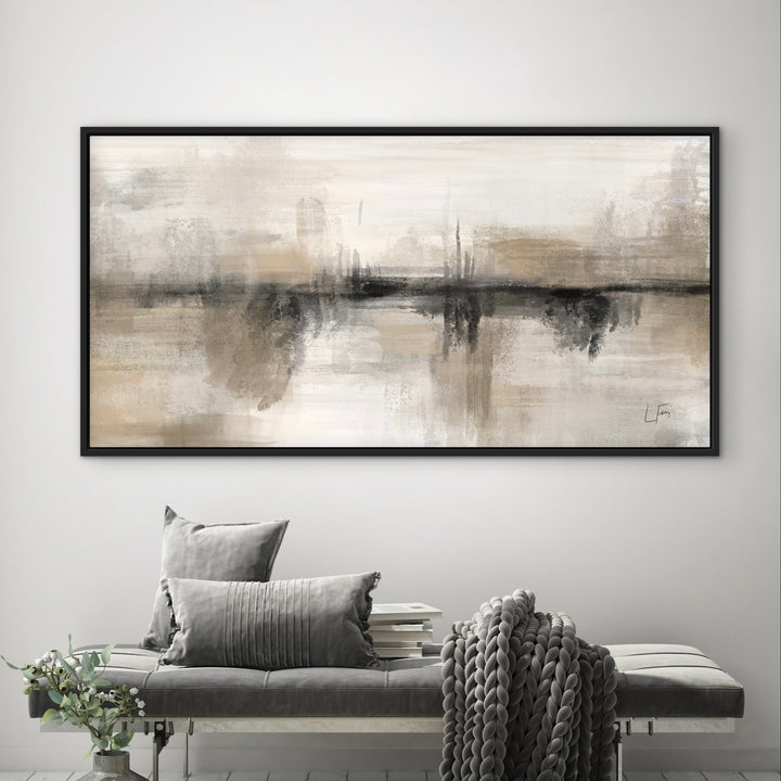 Nude Heaven neutral panoramic abstract framed canvas above a grey upholstered bench