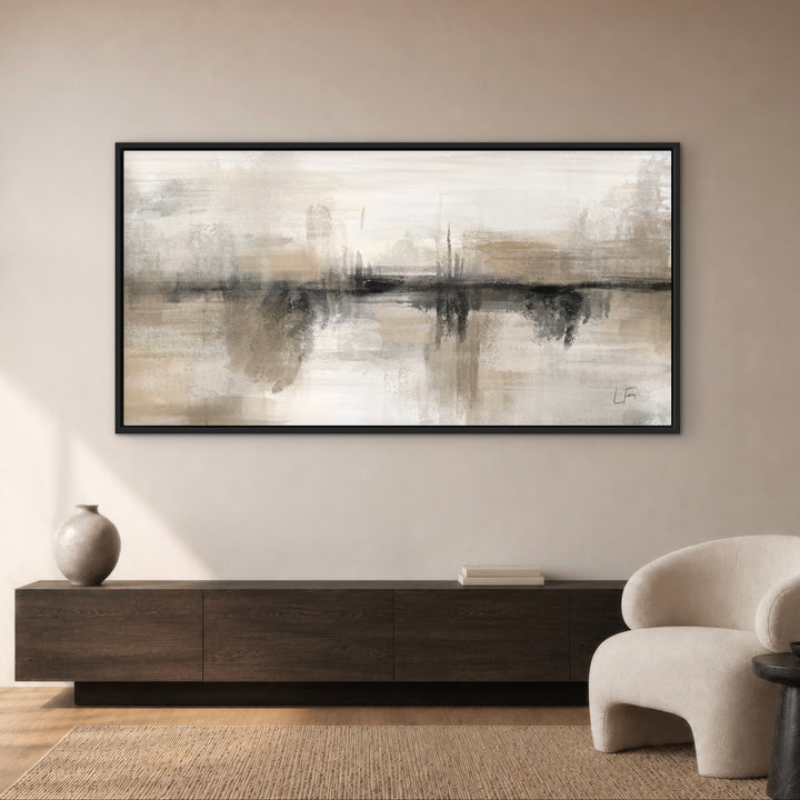 Nude Heaven beige and charcoal framed canvas above a dark wood sideboard