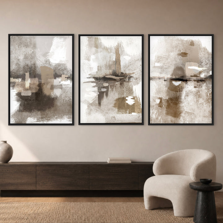 Portofino set of three framed canvases above a dark wood sideboard
