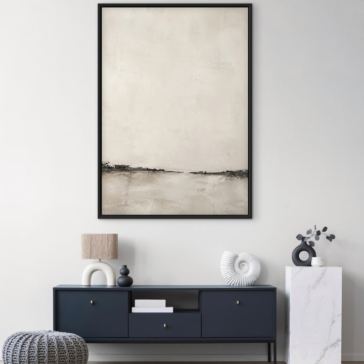 Nude Shore sandy neutral abstract framed canvas above a sideboard