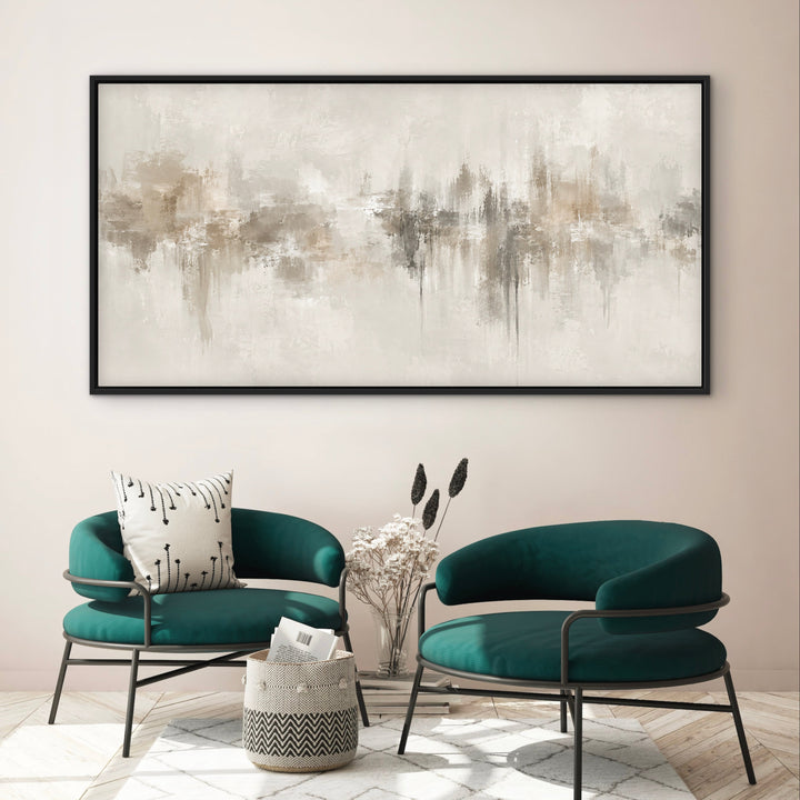 Neutral Depths taupe and cream framed canvas above a dining table