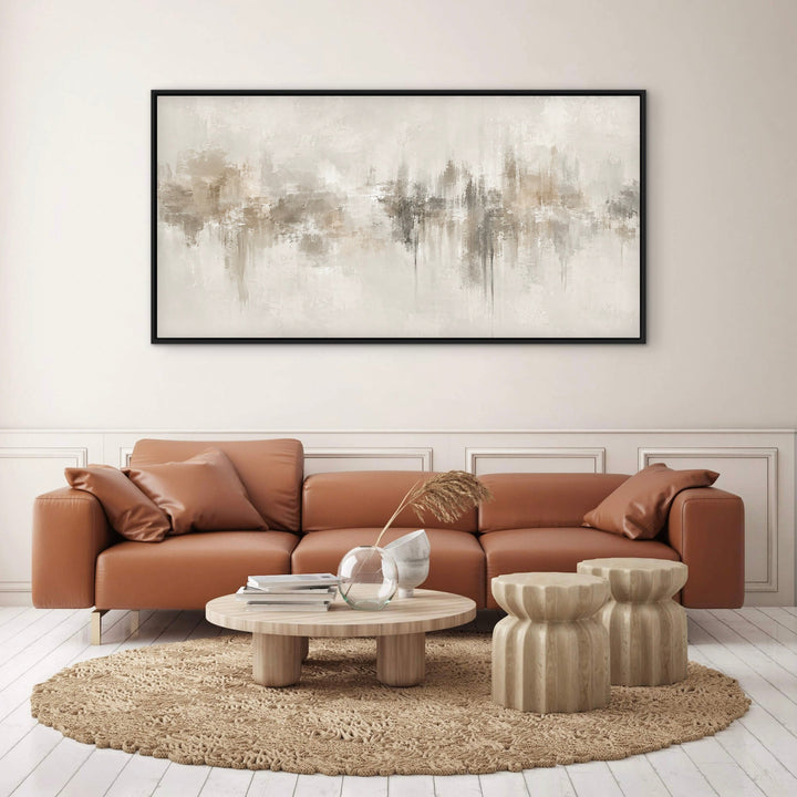 Neutral Depths grounded neutral abstract framed canvas above a neutral bed