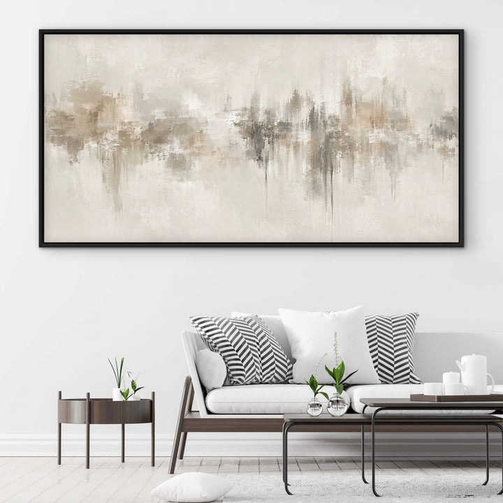 Neutral Depths warm neutral panoramic framed canvas above a cream sofa