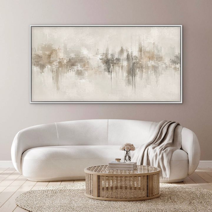 Neutral Depths panoramic abstract framed canvas in a bright living room