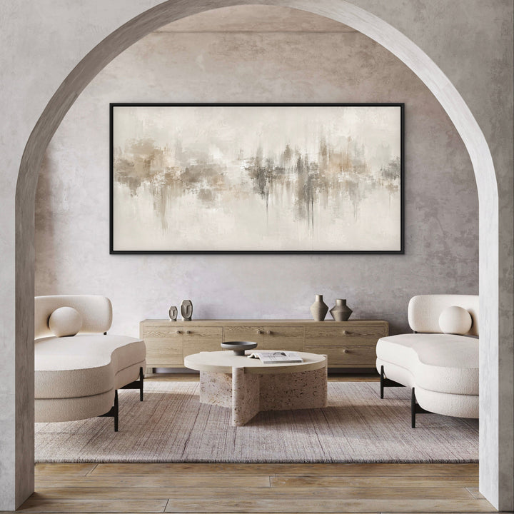 Neutral Depths beige and charcoal panoramic framed canvas above a sideboard