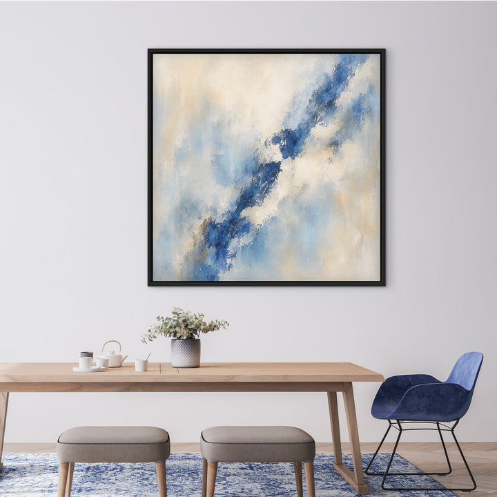 Lazuli blue and ivory framed canvas above a wooden dining table
