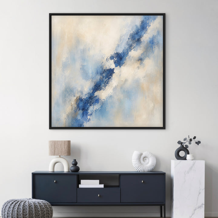 Lazuli square blue framed canvas above a navy sideboard