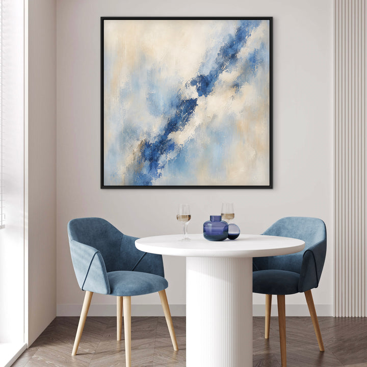 Lazuli square blue framed canvas above a white dining table with blue chairs