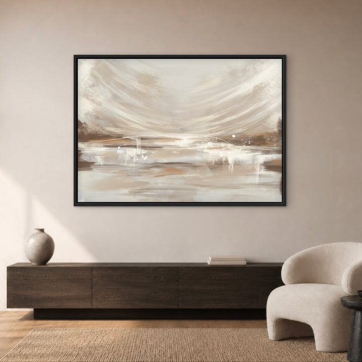 Vienna framed canvas in a black frame above a dark wood sideboard with a ceramic vase