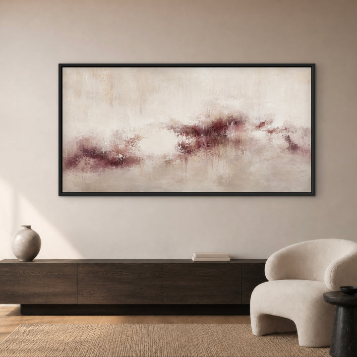 Bordeaux Mist panoramic framed canvas in a warm dining room