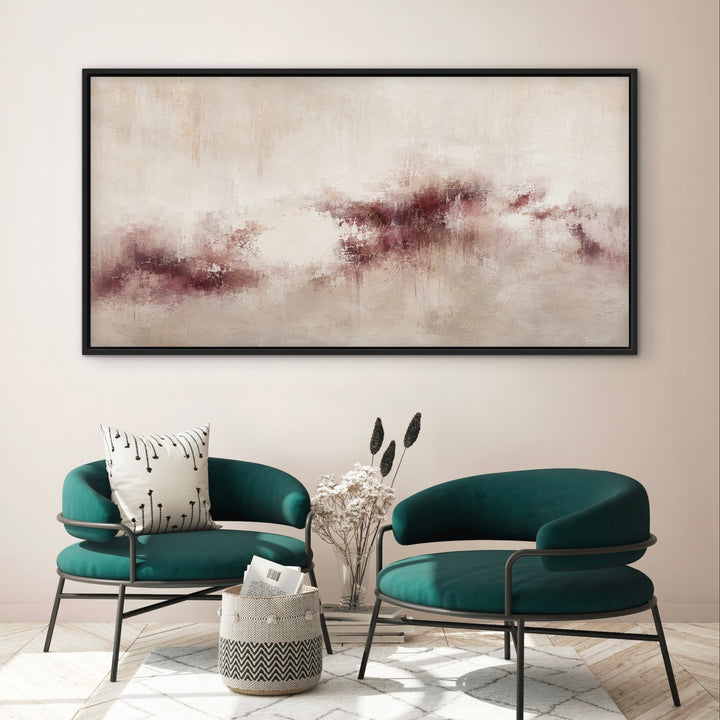 Bordeaux Mist dusky rose and cream panoramic framed canvas above a sideboard