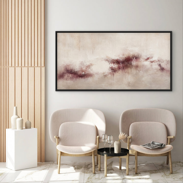 Bordeaux Mist muted red abstract framed canvas above a neutral bed
