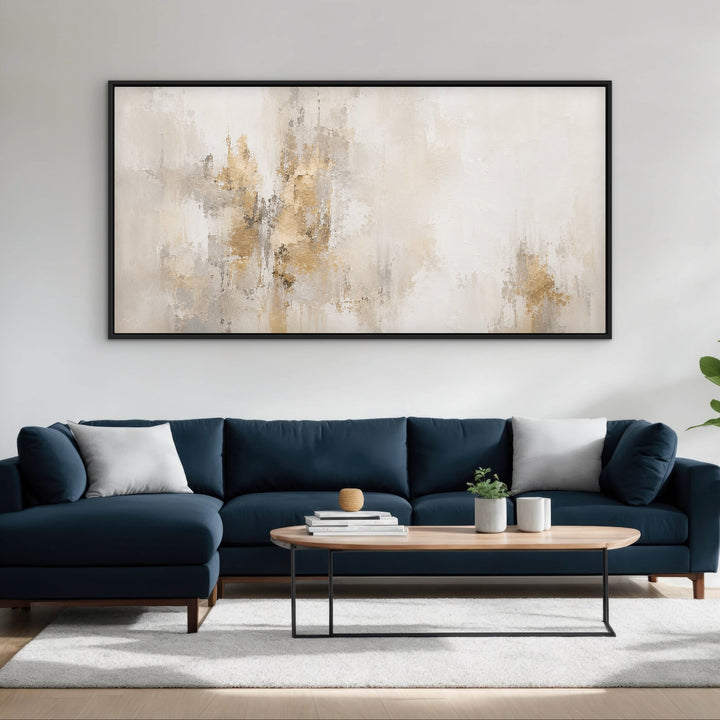 Gilded Silence panoramic framed canvas shown in Black, Natural and White wooden frames