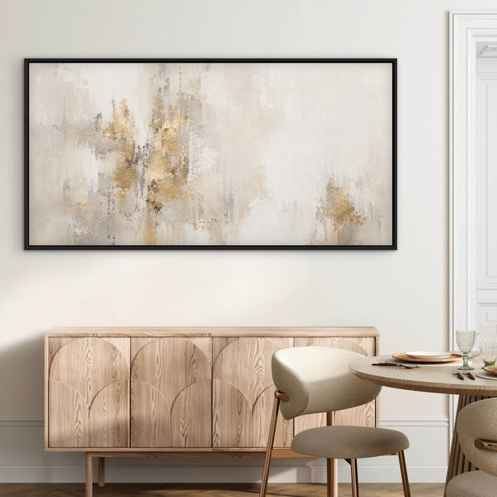 Gilded Silence soft ivory panoramic canvas art above a bed