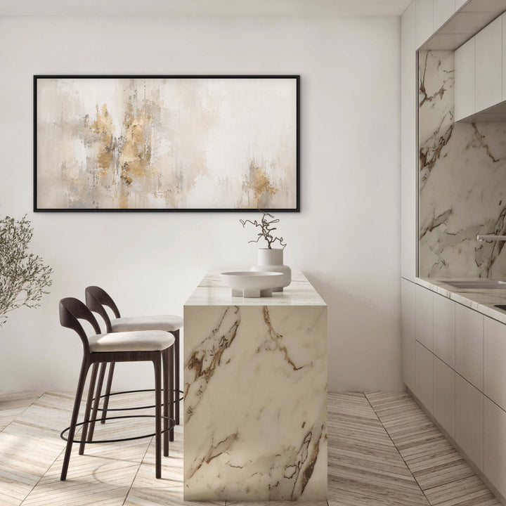 Gilded Silence light neutral abstract framed canvas above a sideboard