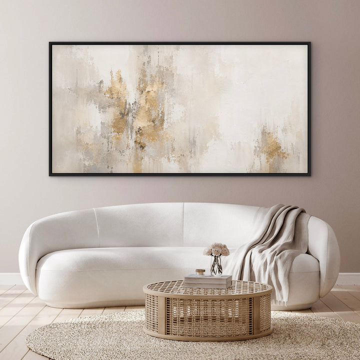Gilded Silence cream and warm grey panoramic framed canvas in a neutral living room