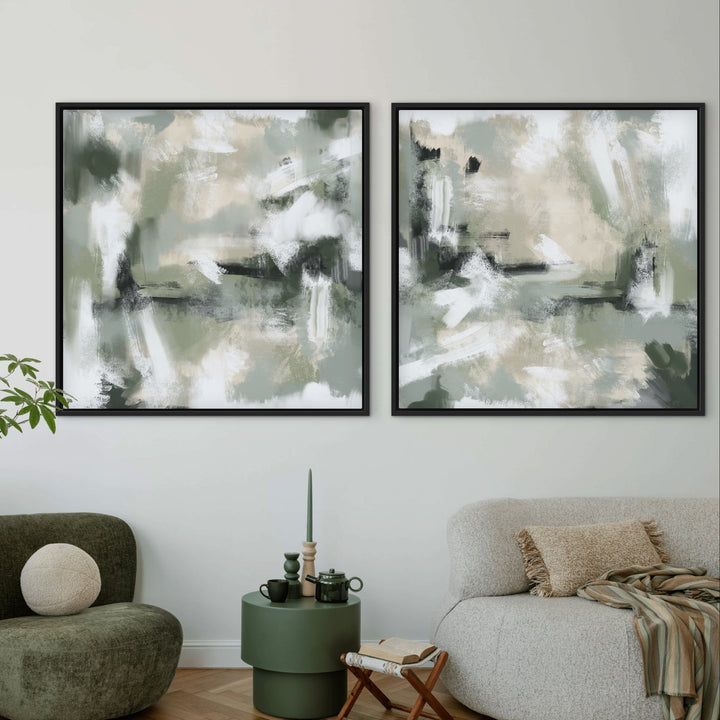 Gerahmtes Leinwandbild-Set 2-teilig – Grüne Wolken