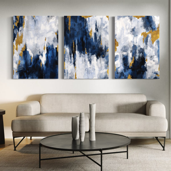 Abstract Canvas Set of 3 - Navy Blue & Gold