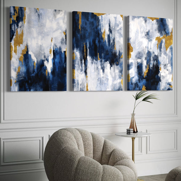 Abstract Canvas Set of 3 - Navy Blue & Gold