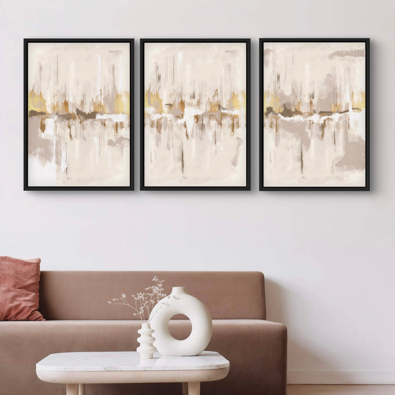 Set of 3 Framed Canvas - Grey & Gold