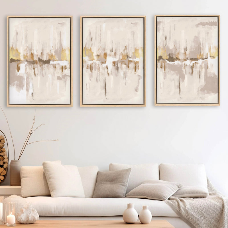 Set of 3 Framed Canvas - Grey & Gold