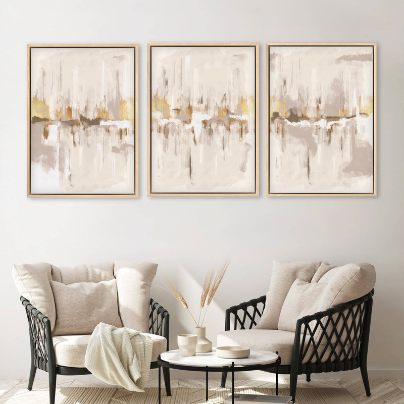 Set of 3 Framed Canvas - Grey & Gold