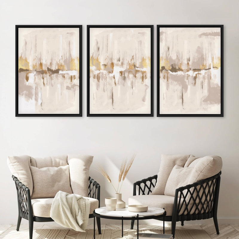 Set of 3 Framed Canvas - Grey & Gold