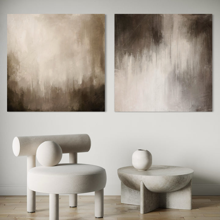Abstract Wall Art Set in a Modern Minimalist Corner with Sculptural Furniture and Neutral Decor